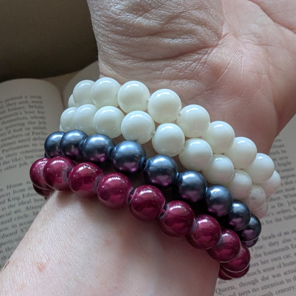 Beaded Bracelet Set - Cream, Silver, and Red - Picture 1 of 7